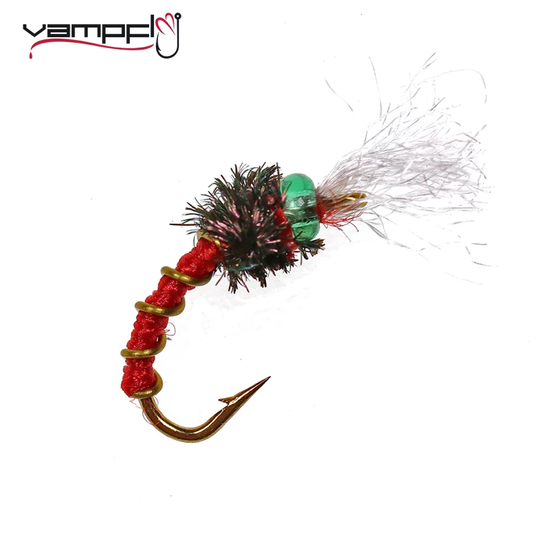 Vampfly 8PCS #14 Green Red Beadhead Chironomid Nymphs Fishing Fly Lure Midge Flies with Barbed Hook for Trout Bluegill Carp etc.