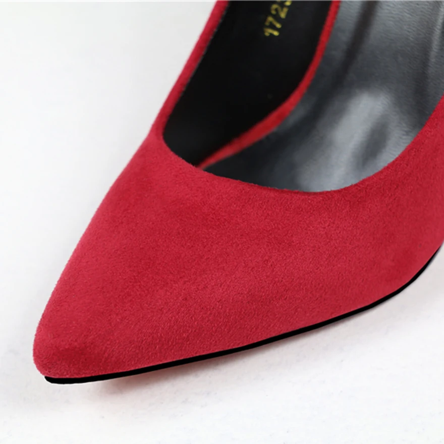 Tacones de Metal tallados para mujer, zapatos elegantes de tacón alto, color rojo y dorado, aterciopelados/PU, poco profundos, puntiagudos, otoño