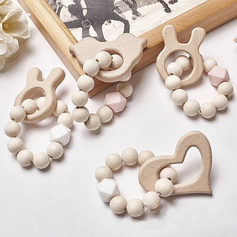 12# Wooden Rattle Beech Bear Hand Teething Ring Baby Rattles Play Stroller Toy For Baby Rattle