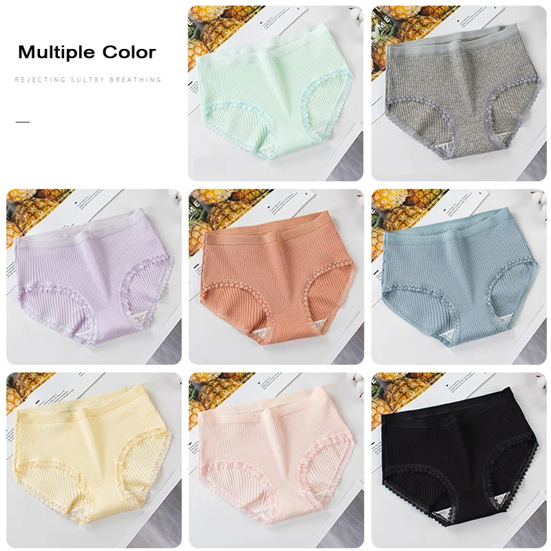 Women\'s Underwear Comfortable Cotton Panties Antibacterial Ladies Underwear Lace Edge Breathable Mid-waist Sexy Briefs Multiple