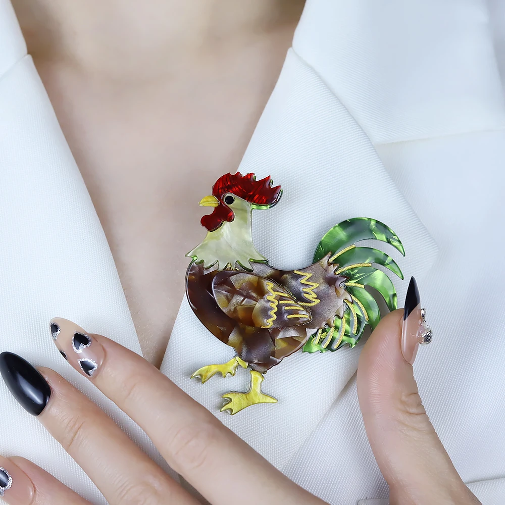 Custom Handmade Vivid Arcylic Big Tail Rooster Cock Brooches For Women Designer Unisex Chicken Party Office Brooch Pins Gifts