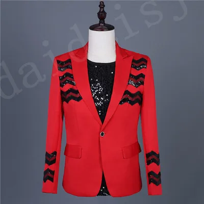 Freeship mens red wave black sequined jacket club/stage performance/studio suit/asia size