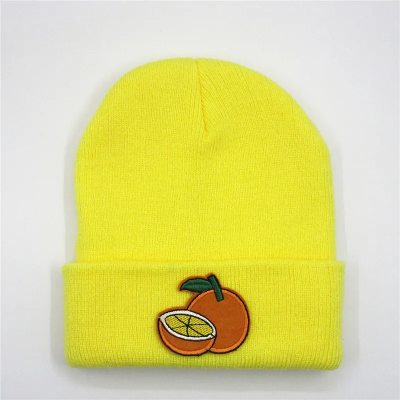 Cotton Orange Fruit Embroidery Thicken Knitted Hat Winter Warm Hat Skullies Cap Beanie Hat for Men and Women 321