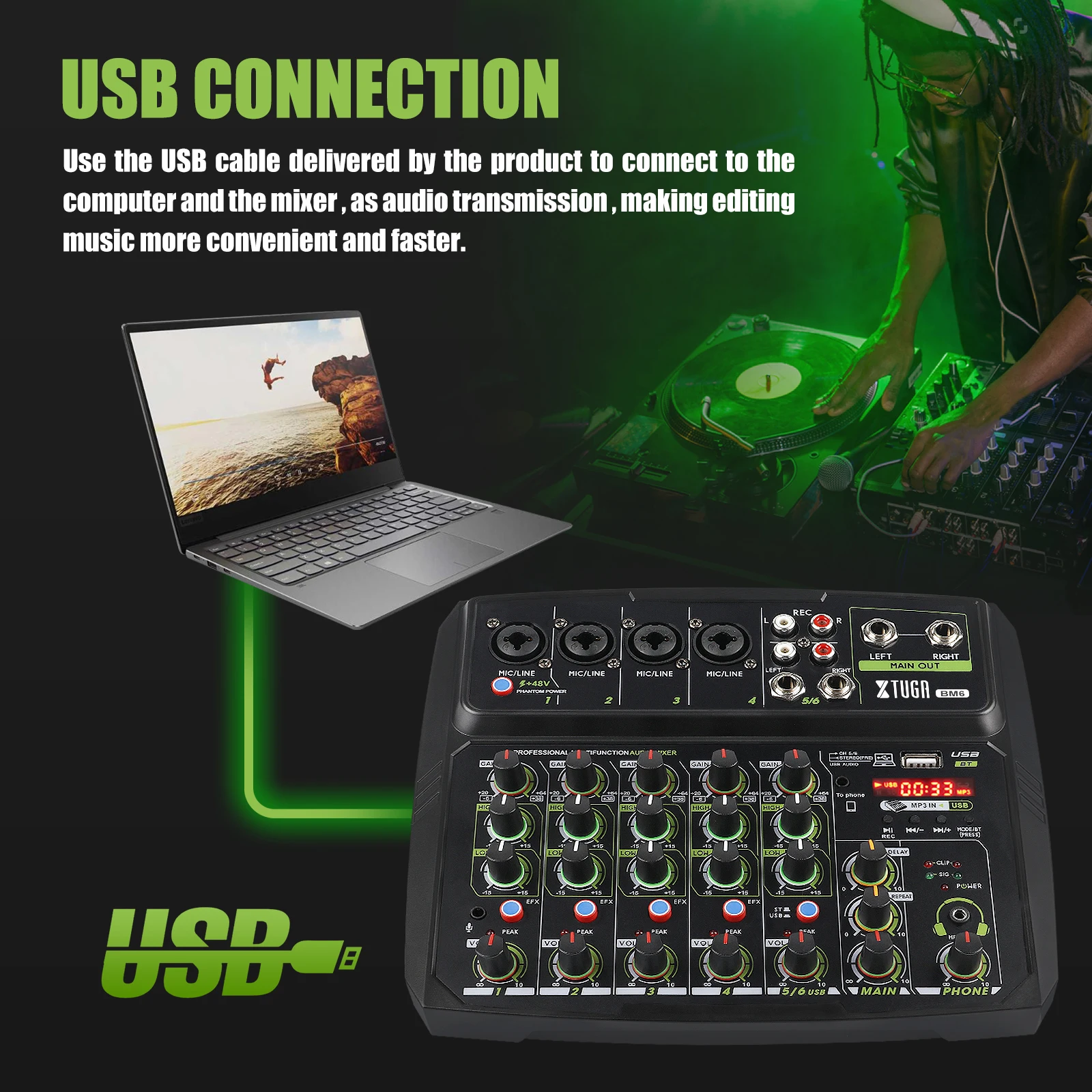 Xtuga-console de áudio dj, com função de transmissão ao vivo, bluetooth, monitoramento, usb para gravação em pc, transmissão ao vivo, telefone celular