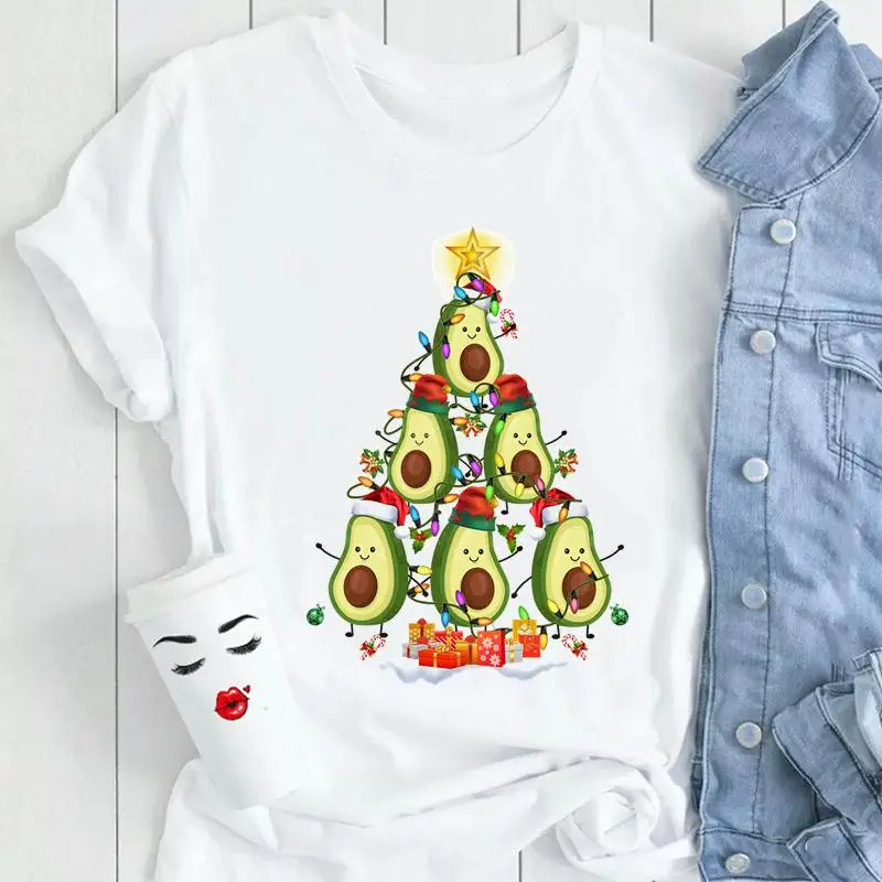หญิงสุภาพสตรีพิมพ์เสื้อผ้า Tops Tees Tshirt เสื้อยืดผู้หญิงฤดูหนาวต้นไม้คริสต์มาสมีความสุขปีใหม่