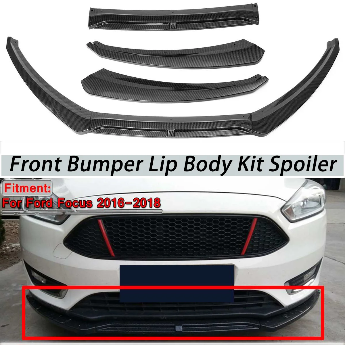 3pcs Black/Carbon Fiber Look Car Front Bumper Lip Splitter Body Kit Spoiler Diffuser Spoiler For Ford For Focus 2016 2017 2018