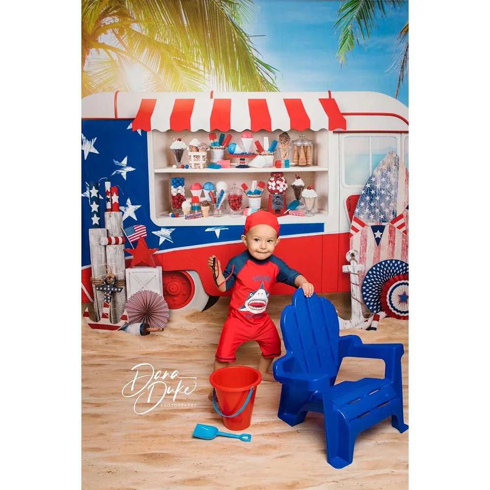 Summer Ice Cream Stand Backdrop Sea Beach Newborn Children Birthday Portrait Background for Photo Stuido Plam Trees Blue Sky