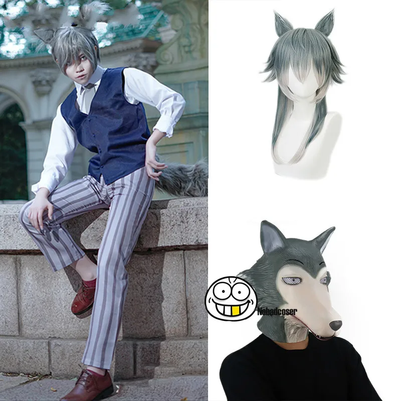 Beastars Cosplay Costumes Wig Mask Grey Wolf Legoshi Uniform Carnivore Legosi Cosplay Costume Cherryton Academy Blue Suit