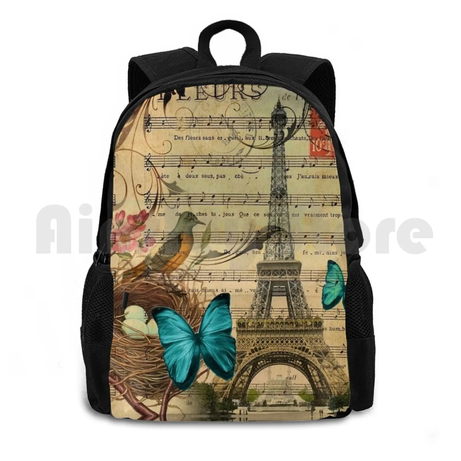 

Vintage Bird Nest Paris Eiffel Tower Botanical Art Outdoor Hiking Backpack Waterproof Camping Travel Vintage Paris Eiffel Tower