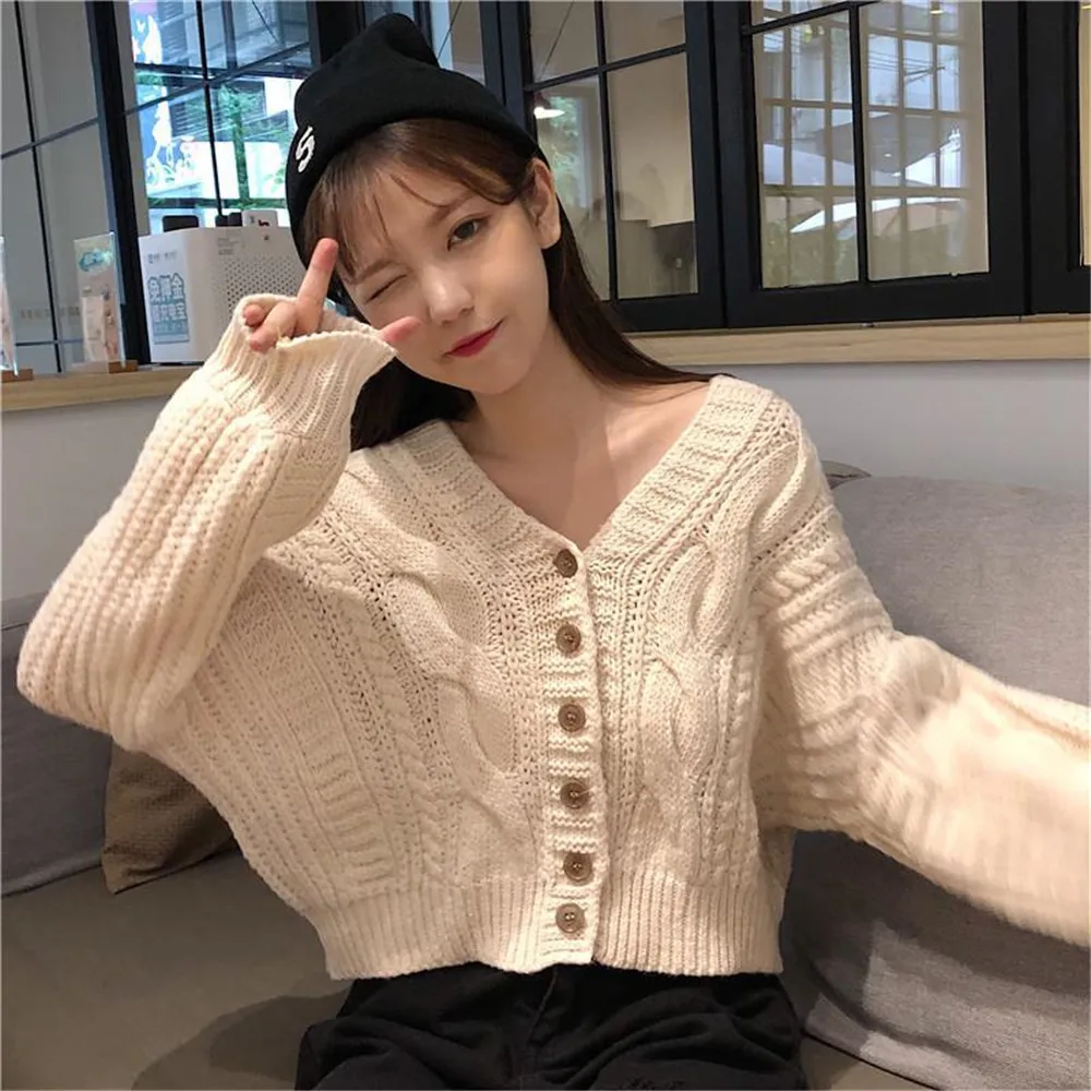 Women Sweater Spring Autumn V-Neck Long Sleeve Black Short Knitted Jacket Solid Simple Warm Cardigan Femme  Jumper
