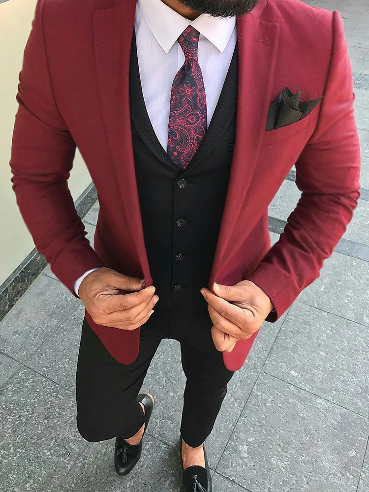 

ANNIEBRITNEY Burgundy 3 Piece Slim Fit Men Fashion Suit Cutsom Groom Wedding Tuxedo Prom Wedding Tailor Made Men Suit With Pants