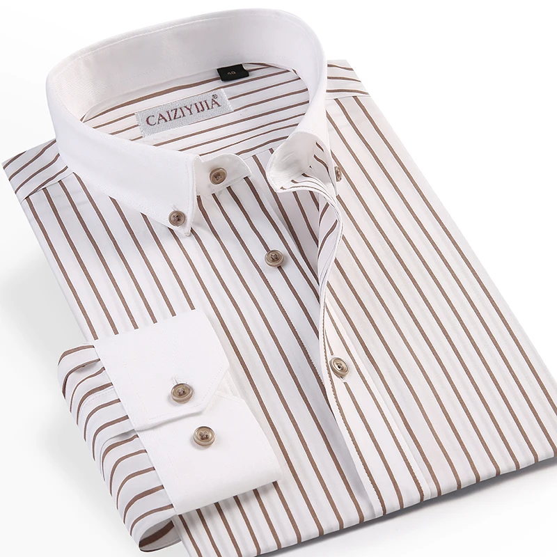 Contrast Collar and Cuff Men\'s Vertical Striped Dress Shirts Pocketless Casual Long Sleeve Button-down Non Iron Cotton Shirt