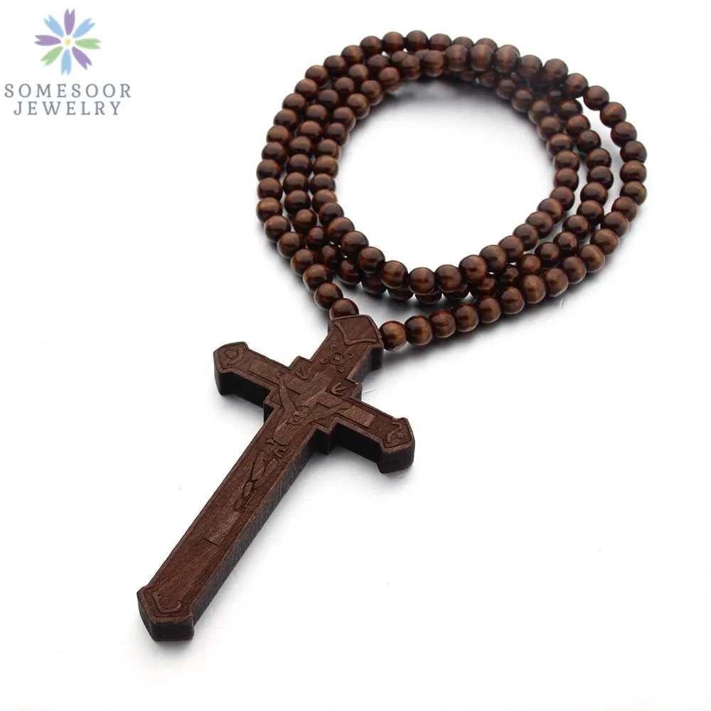 SOMESOOR Christian Cross Wooden Pendant Necklace Engraved 45cm Beads Chain Fashion Jesus Religious Jewelry For Men Women Gift