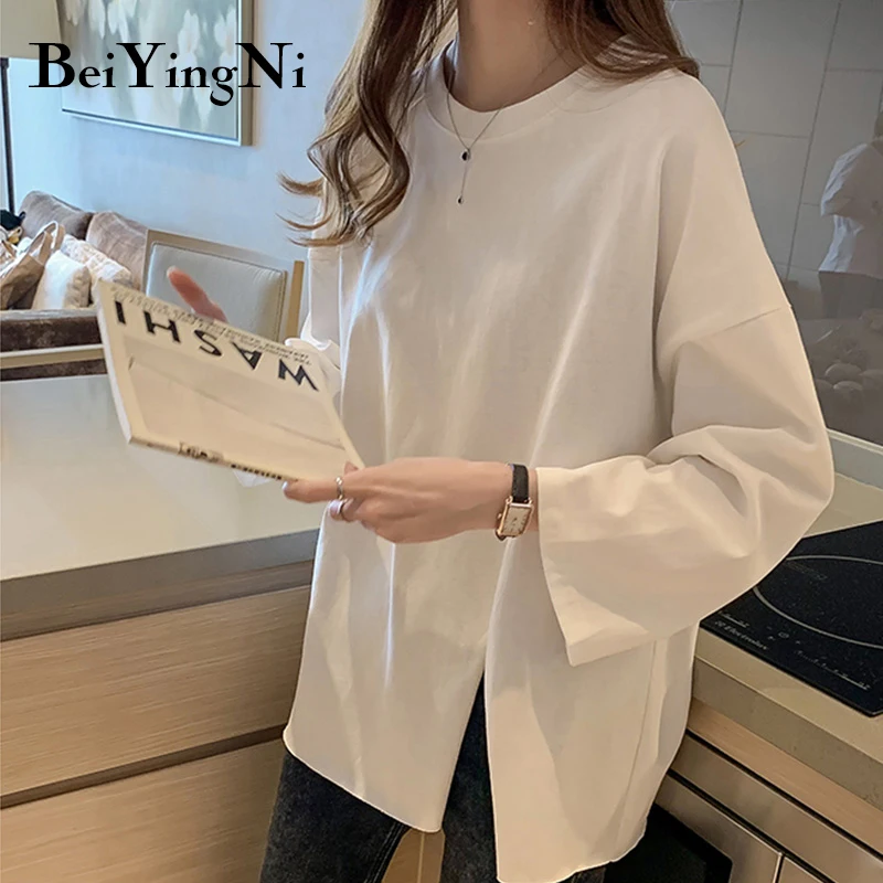 Beiyingni Loose Oversized T-shirt Female Long Sleeve Casual Vintage Split Tops Woman Spring Autumn BF Cotton Plain T Shirt Women