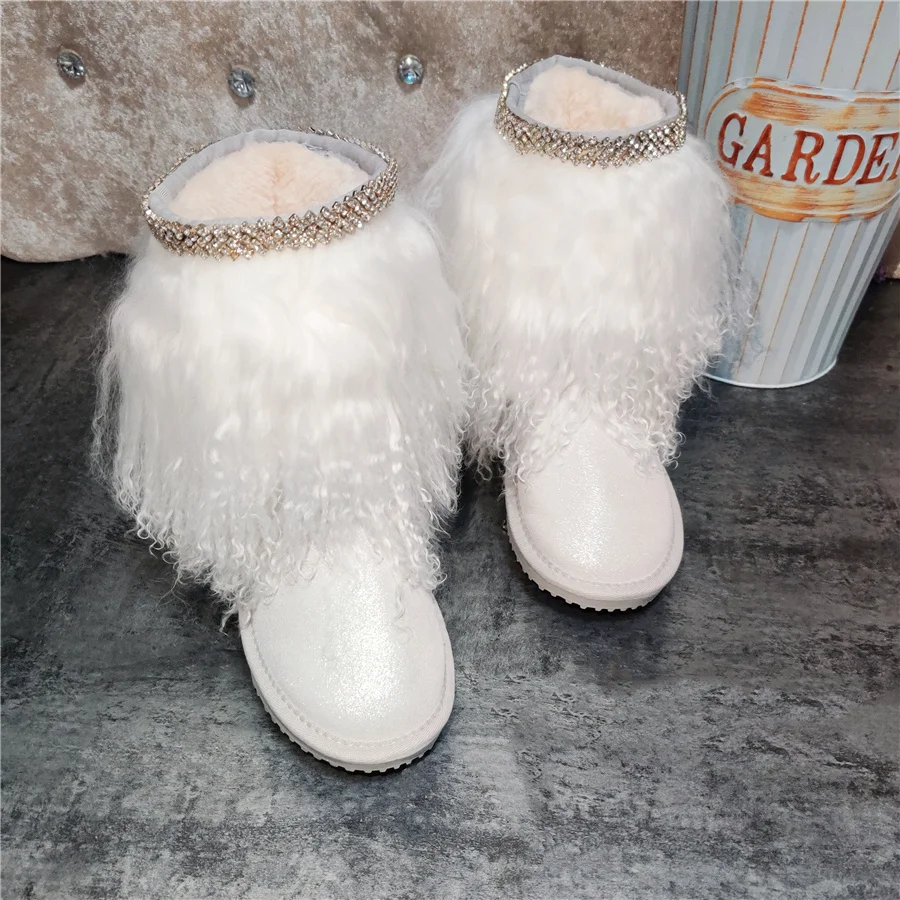 Handmade Crystal Opening Sheep Wool Covered Snow Boots White Bling Pearl Leather Plush Warm Boots Ladies  Mid-Calf Winter Boots