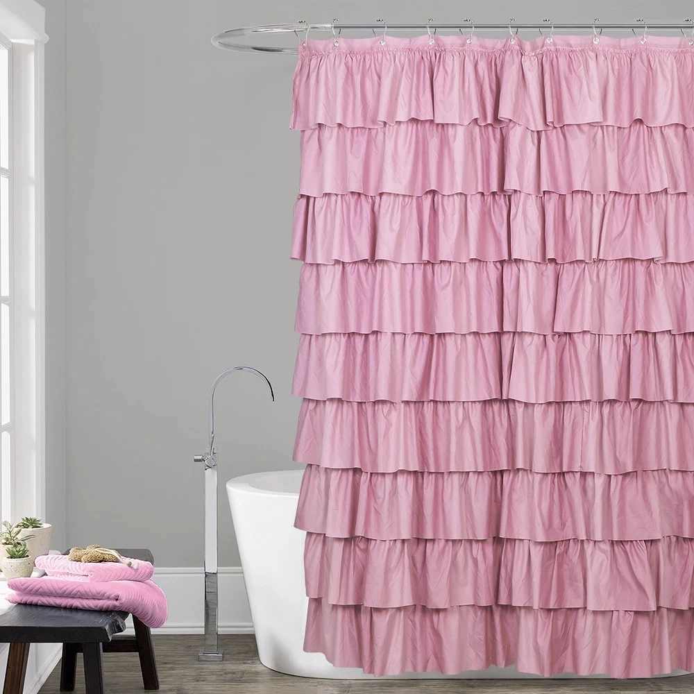 Pink Decorative Shower Curtain Set Luxury Waterproof Polyester Fabric Plain Lace Stitching Toilet Room Bath Curtain With 12 Hook