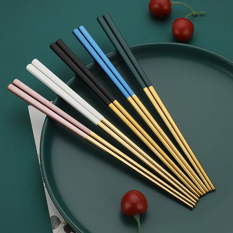 Gold Glossy Stainless Steel Chopsticks Korean Style Metal Chopstick Dessert Dinner Home Tableware Kitchen Tool Portable Reusable