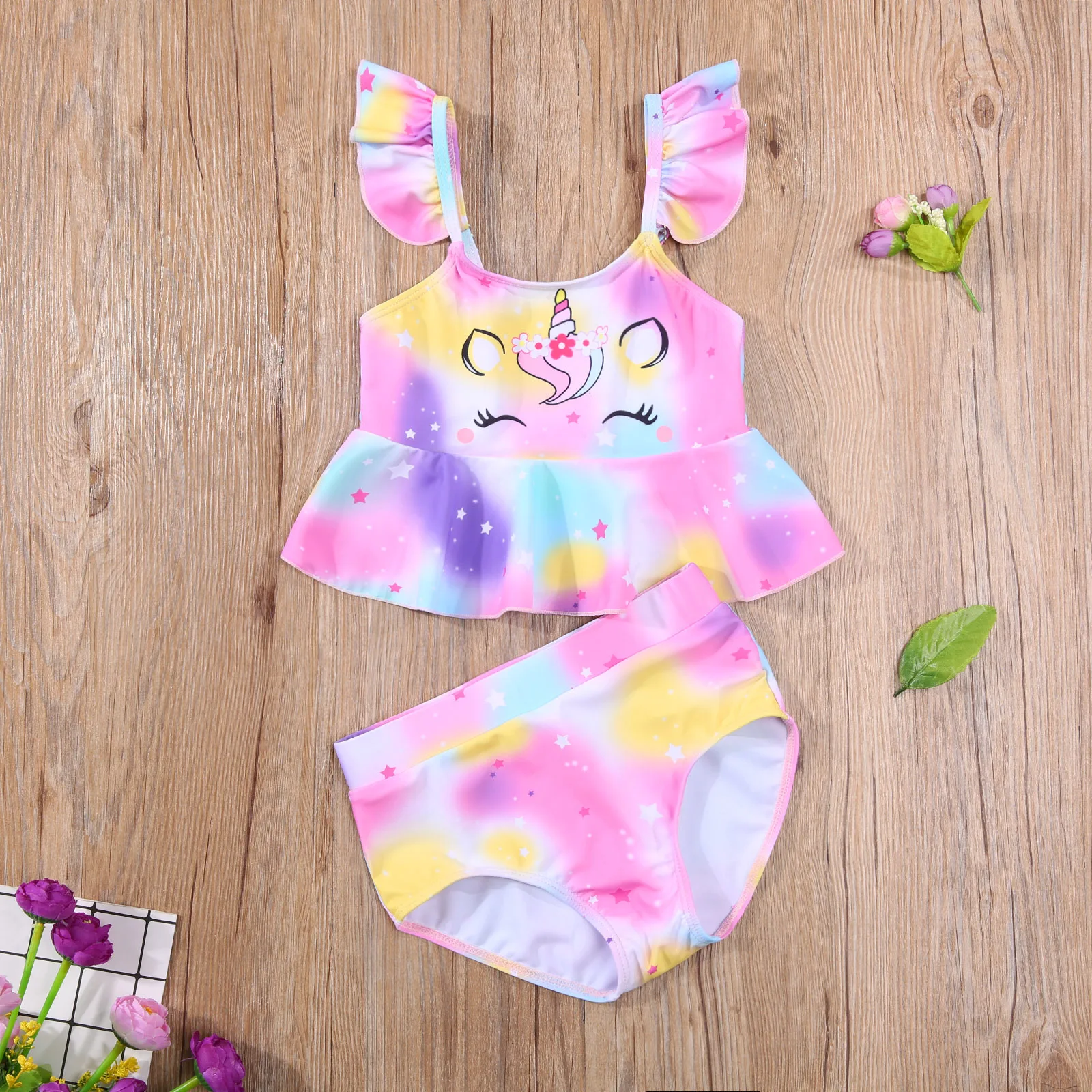 Newest Arrival Girl\'s Two Piece Swimsuit Children Unicorn Pattern Ruffle Hem Fly Sleeve Tops Swimming Shorts for Kids