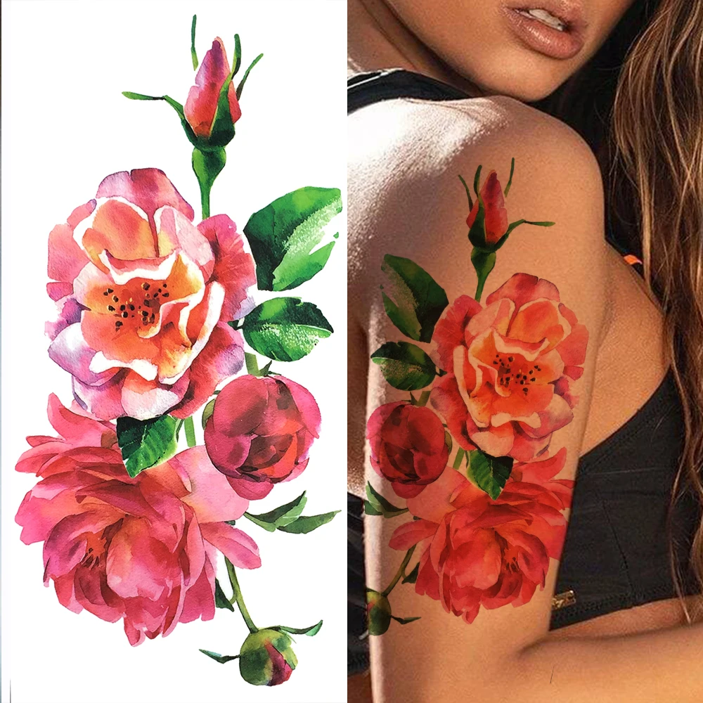 Realistische Flora Blume Gefälschte Tattoo Aufkleber Für Frauen Erwachsene Rose Dahlie Pfingstrose Pflaume Temporäre Tattoo Aufkleber Arm Oberschenkel Tatoos Große