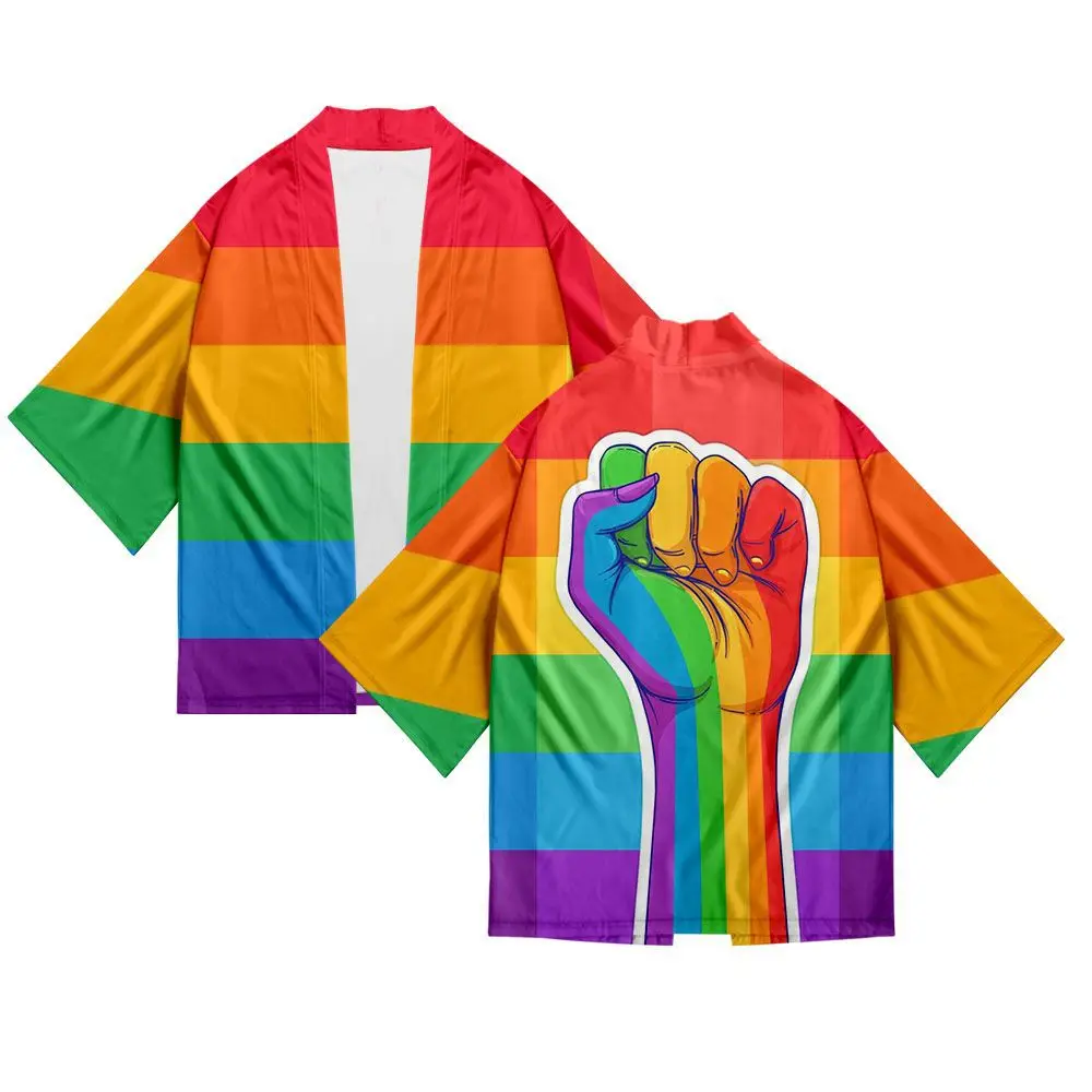 

LGBT Flag For Lesbian Gay Colorful Japanese Kimono Haori Yukata Women/Men Fashion Summer Harajuku Rainbow Flag kimono Shirt