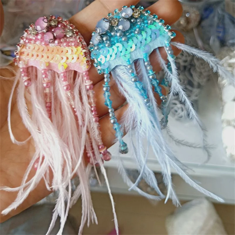 MAXSIN FUN 2 Pc High Quality Embroidery New Sequins Feather Tassel Mica Stickers Handmade Beaded Rhinestone Patch DIY Decoration