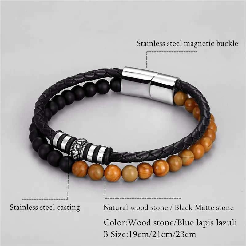 MKENDN  Men Natural Stone Genuine Braided Leather Bracelet  Stainless Steel Magnetic Clasp Iapis lazuli Bead Bracelet Jewelry