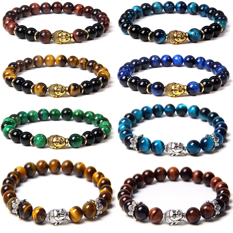 Natural Tiger Eye Stone Beads Bracelet 8mm Lava Buddha Head Charm Bracelets Energy Healing Yoga Bracelet for Men Women Jewelry