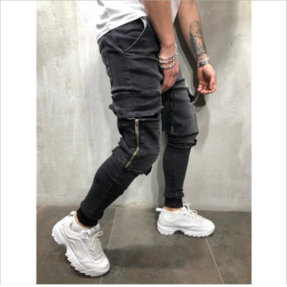 EH · MD® Zip Pocket Jeans Men's Feet Casual Trousers Soft Fabric Skinny Solid Color Fashion Slim 2020 Trendy Brand Black Blue
