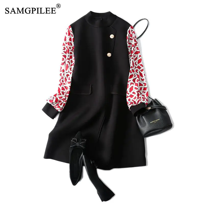 

Winter Dress Woman 2023 Office Lady Korean Fashion Clothing A-line Print Full Sleeve Pockets O-neck Women Dresses 4XL