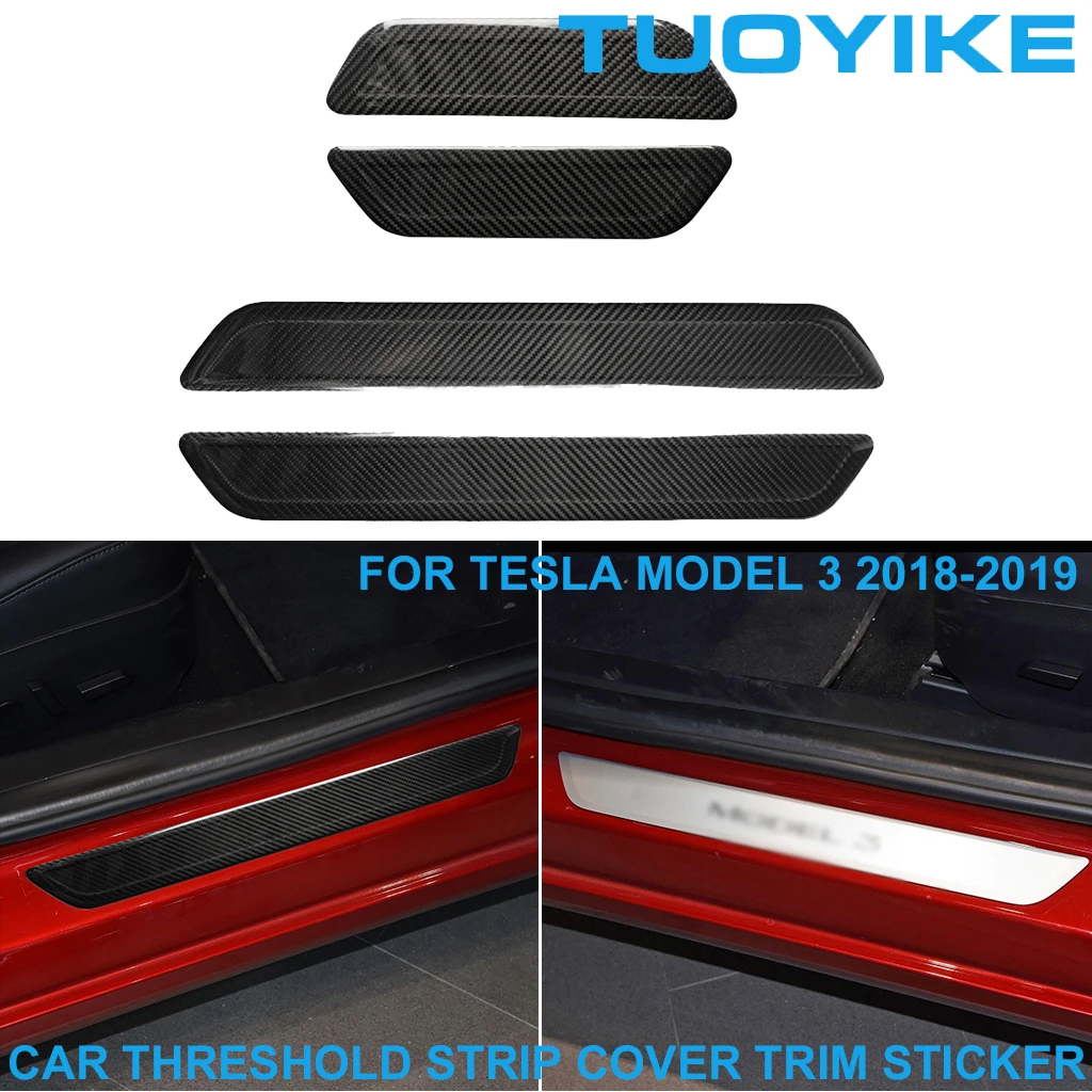 Car Real Dry Carbon Fiber Interior Doorsill Pedal Threshold Strip Cover Trim Panel Decorative Sticker For Tesla MODEL3 2018-2019