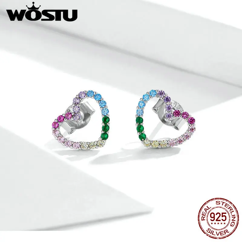 WOSTU Rainbow Women Earrings 925 Sterling Silver Rainbow Zircon Heart Jewelry Stud Earrings 925 Women Earrings Jewelry CQE891