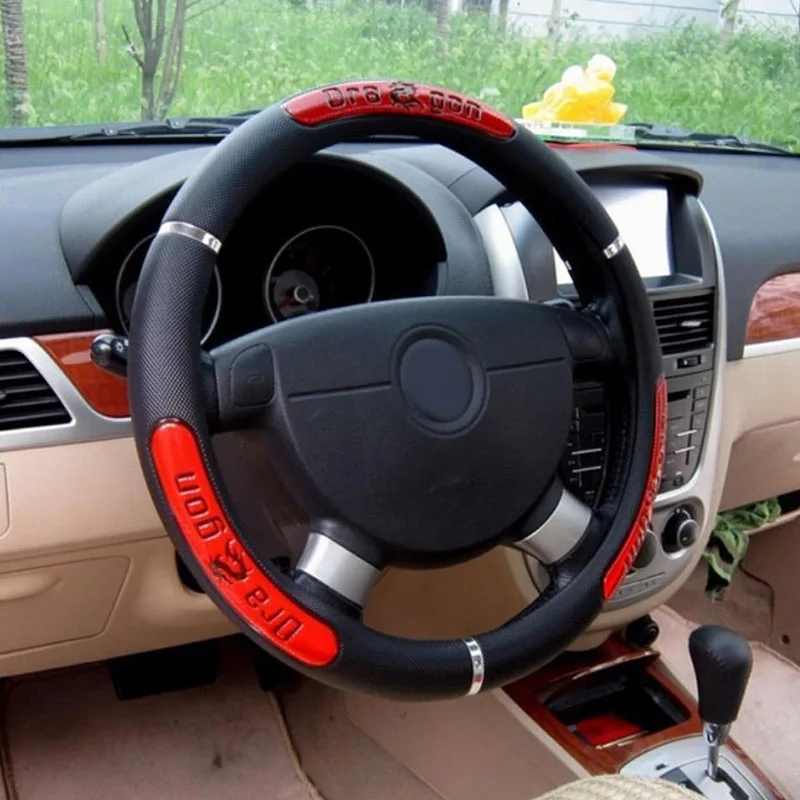Cubiertas de volante de coche, Protector reflectante de piel sintética, elástico, diseño de dragón chino, 100%