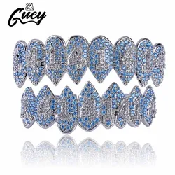 GUCY Iced Out Hip Hop 1414 Teeth Grillz Bling AAA Cubic Zircon Silver Color Eight Top & Bottom Vampire  Grills Set For Gift