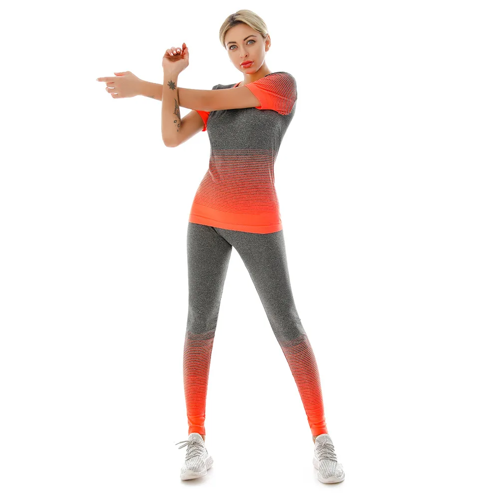 Women 2pcs Seamless fitness Yoga suit Without chest pad Gym sportswear set knitted gradient clothing suits free size