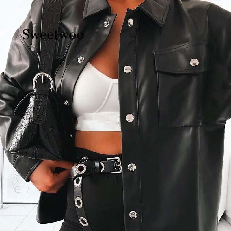 Streetwear Black PU Leather Blouse Women Cardigan Buttons Fashion Women\'s Shirt Top Long Sleeve Solid Leather Blouses