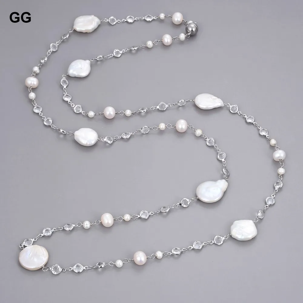 

GuaiGuai Jewelry 42" Cultured White Keshi Pearl White Gold Plated Cz Pave Chain Long Necklace