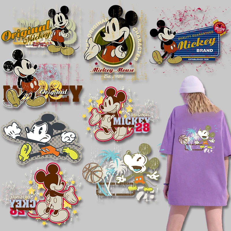 Stiker vinil gambar kartun klasik Mickey untuk baju tambalan sensitif panas transfer setrika Applique pada baju