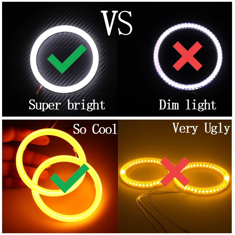 LED cotton white and yellow angel eye ring 60mm 70mm 80mm 90mm 100mm 110mm 120mm Auto DRL Eyes with Turning Signal