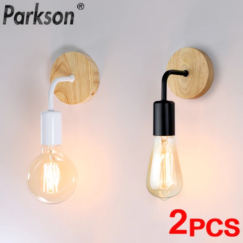 2Pcs/lot Vintage Wood Wall Lamp E27 Light Bulb Retro Industrial Wall Light Fixture For Home Loft Living Room Bedside Lamp Sconce