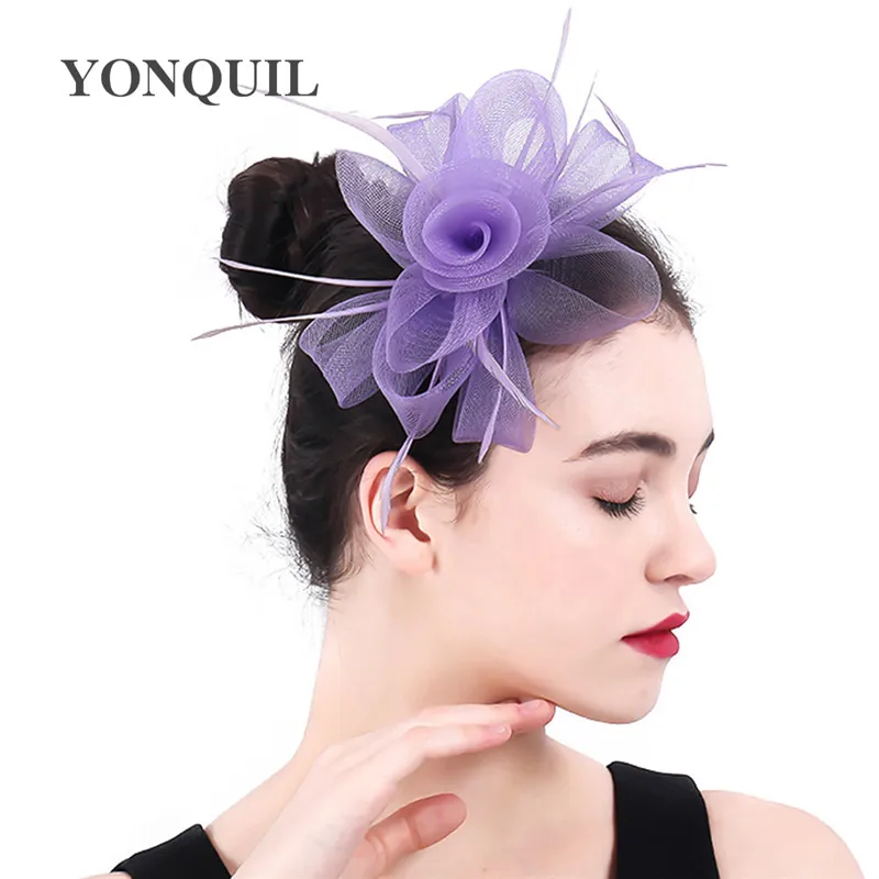 Chapéu fascinator de casamento feminino, chapéu pino hari elegante de tule roxo claro acessórios de cabelo com penas