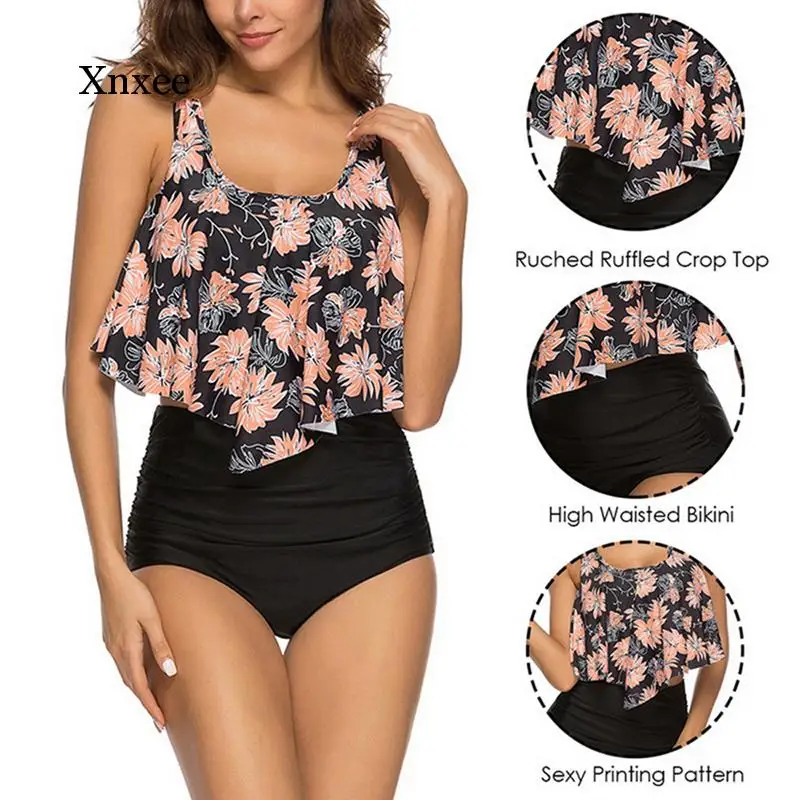 Bikini de cintura alta con volantes para mujer, traje de baño informal con estampado para playa, Tankini, ropa de baño 2021