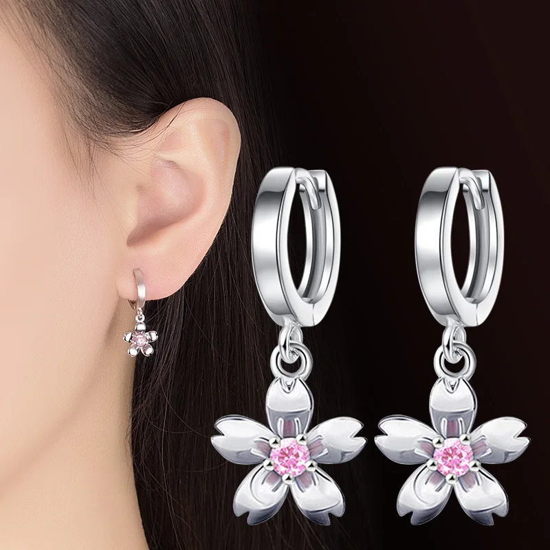 Boucles d'oreilles en Zircon rose/blanc pour femmes, Simple, en argent 925, bijoux en forme de fleurs de cerisier, tendance