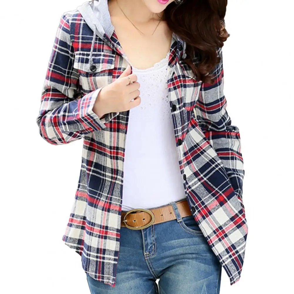 Women Fashion Loose Long Sleeve Classic Plaid Hood Button-up Cotton Shirt Coat