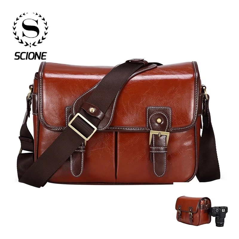 Scione Camera Bag PU Leather Inner Tank DSLR Photo Cameras Messenger Bag Vintage Retro Shoulder Side Bags For Canon Nikon Sony