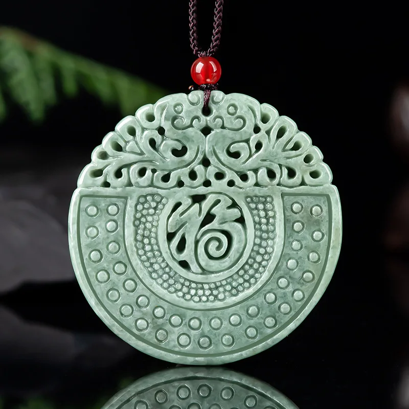 

Natural Jade Bean Green Hollow Fu Pendant Charm Jewellery Hand-Carved Sweater Chain for Women Men Fashion Accessories