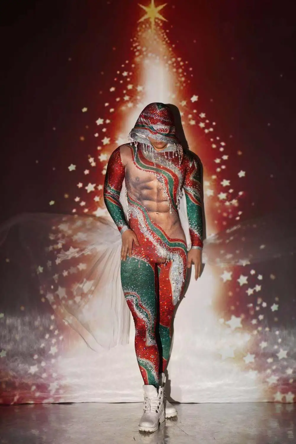 Christmas Party Red Green Tassel Rhinestone Jumpsuit Men Stretch Hooded Stage Bodysuit Nightclub DJ Dancer Performance Costumes