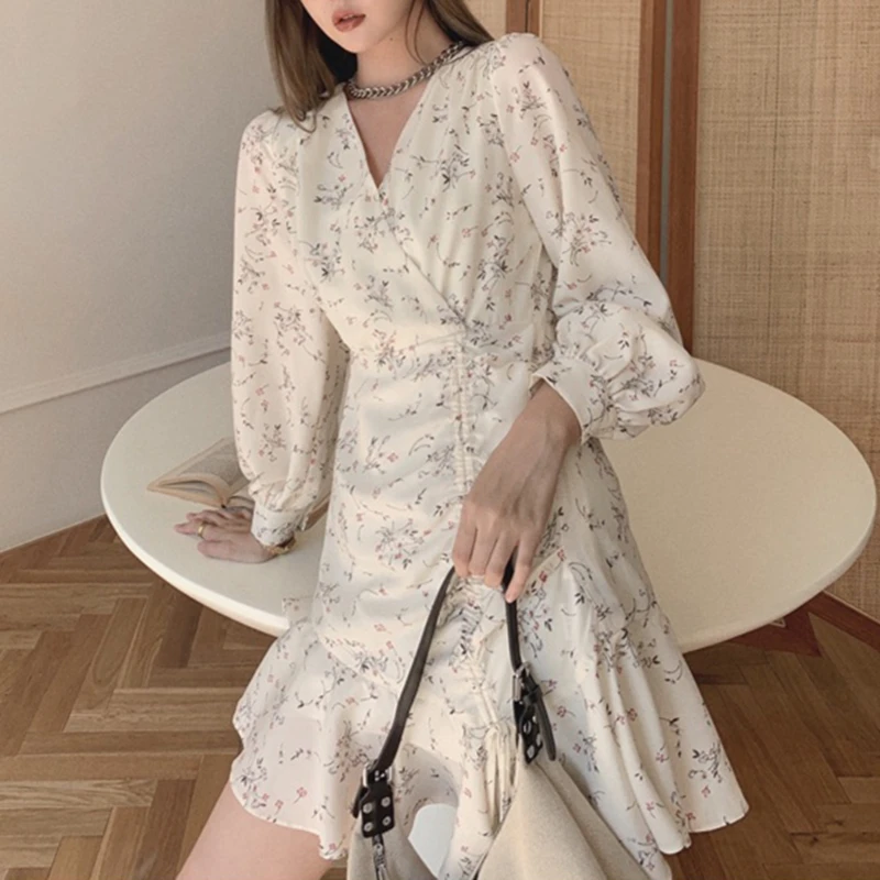 2022 New Women's Summer Dresses Floral Printed High Waist Korean Style Elegant Fashionable Vintage Wild Lady Mini Dresses DR6528