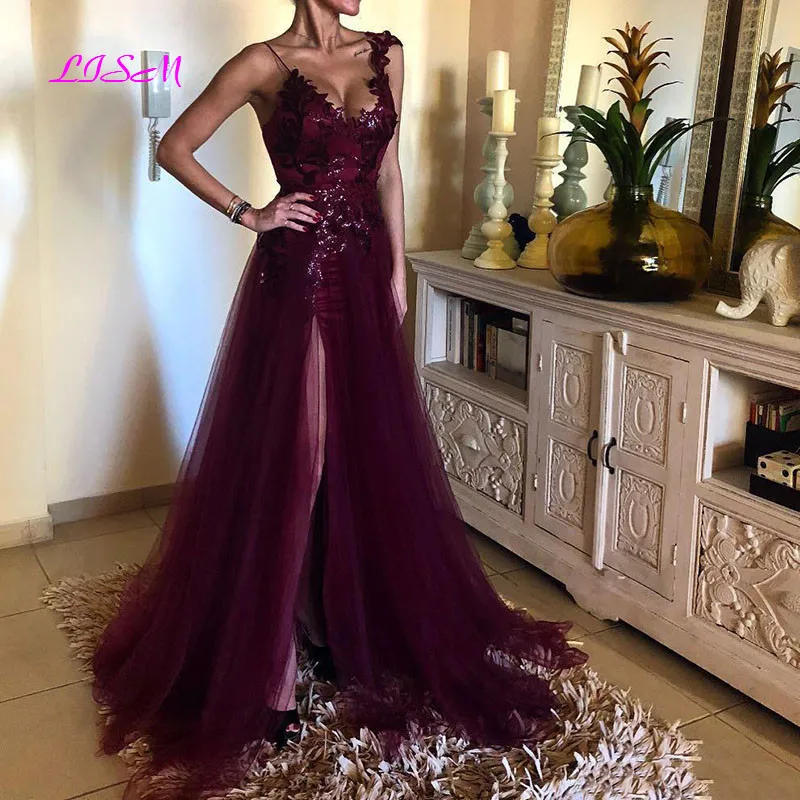 Burgundy Sequin Evening Dress 2024 Sexy Slit Skirt V-Neck Lace Appliques Glitter Prom Gowns Formal Dresses