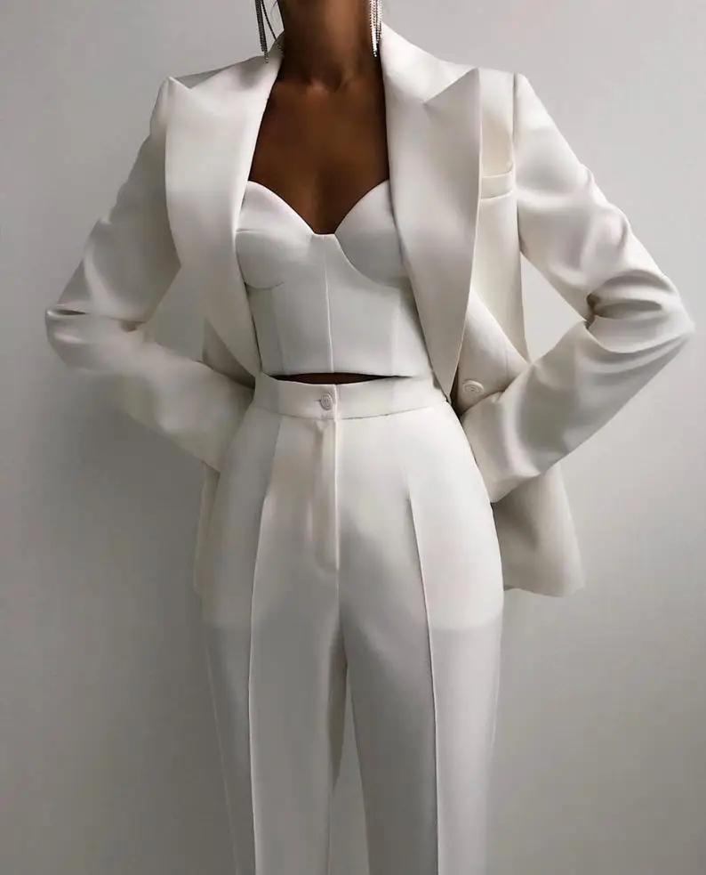 White Bridal Wedding Suits Peaked Lapel Long Sleeve Bride Photography Outfits Leisure Evening Party Wear (Jacket+Pants)