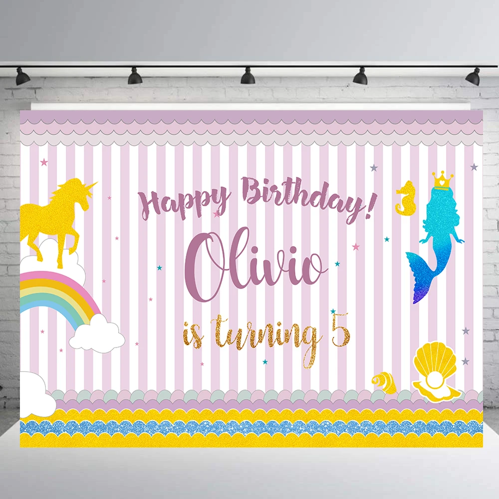 

Photographic background unicorn mermaid Children Birthday party Decorations banner cake table backdrop photo booth props B-411